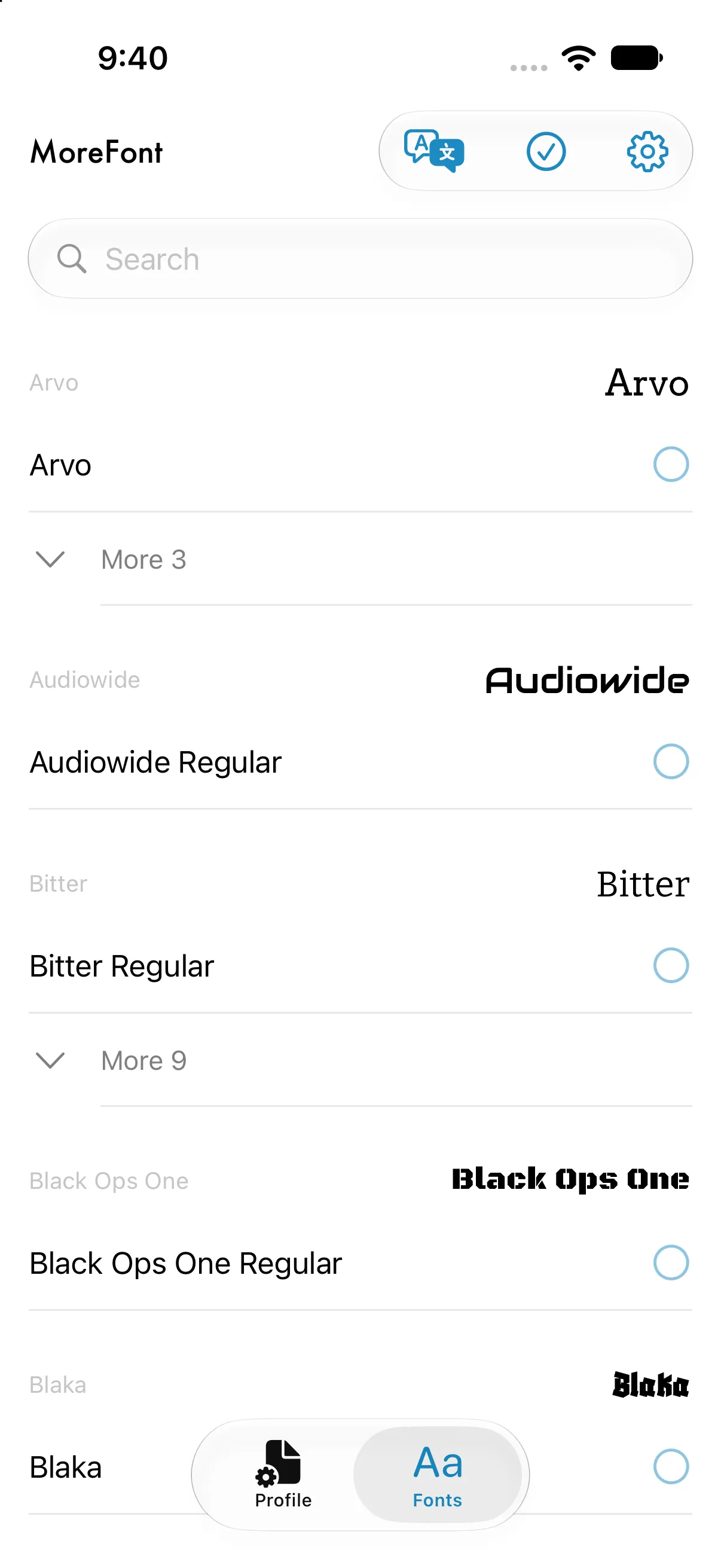 The Fonts tab in MoreFont listing Arvo, Audiowide, Bitter and Black Ops One with a preview of each