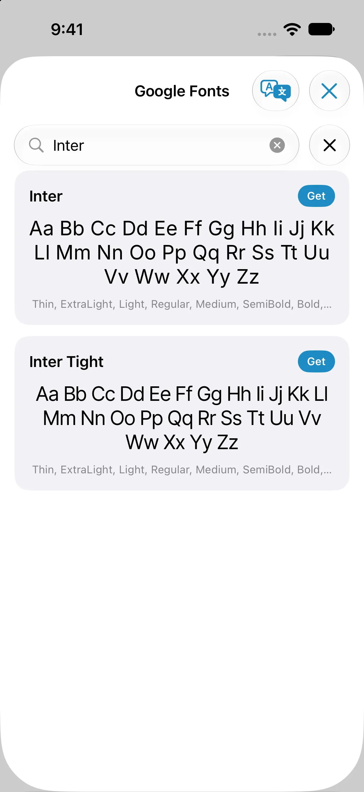 Searching Google Fonts for Inter inside MoreFont, with a Get button on each family