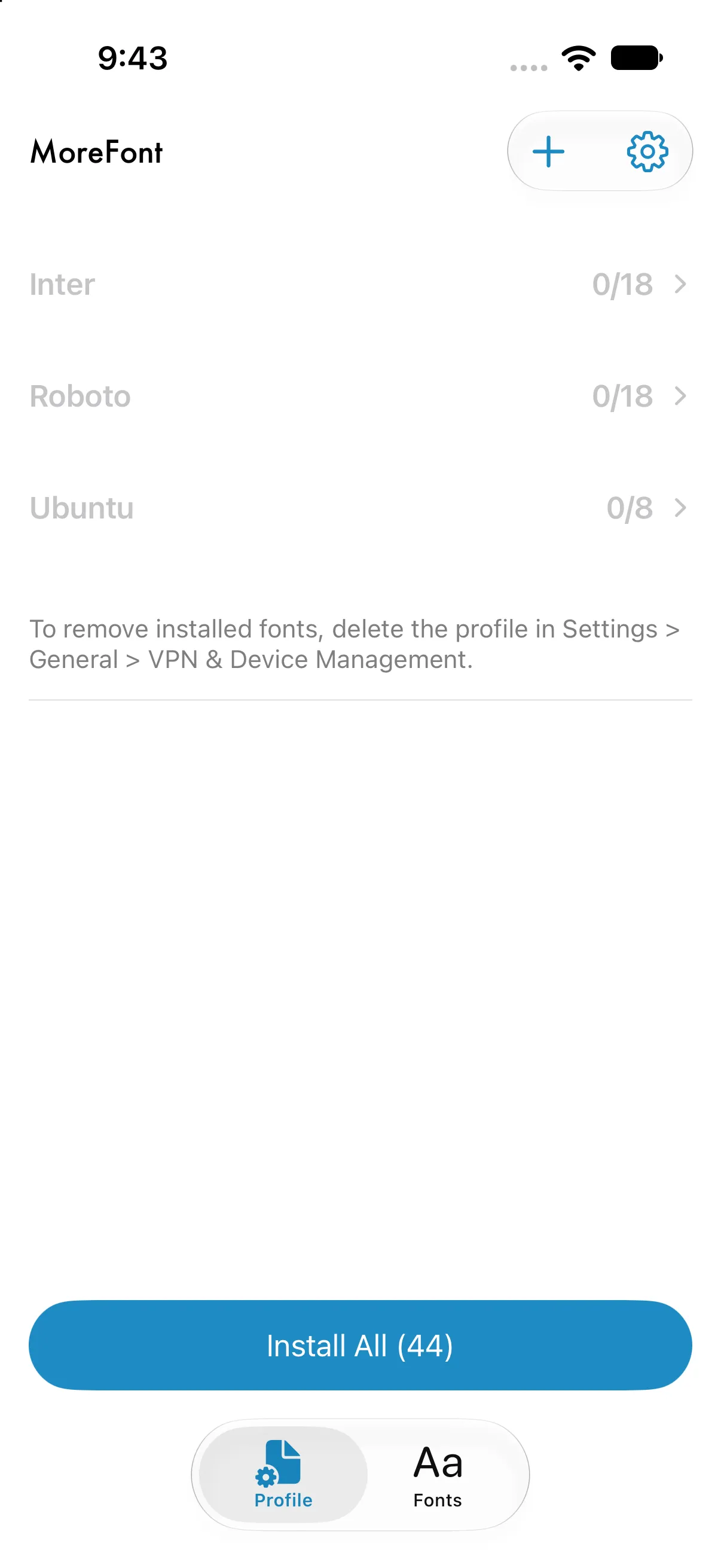 The Profile tab listing Inter, Roboto and Ubuntu families with an Install All button